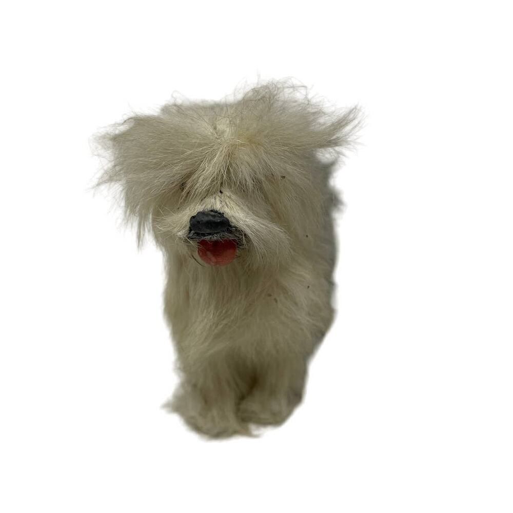 Vintage Realistic Old English Sheepdog Dog Figure Figurine Real Rabbit Fur 7"